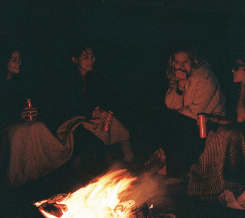 Wolves sitting around a small bonfire, chatting, enjoying beverages