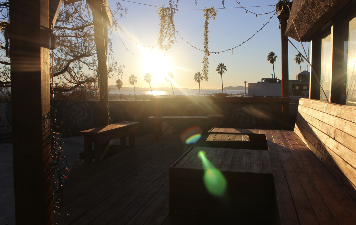 Back Deck of a Co-op.  A warm sunset illuminates a spacious wooden deck with string lights, palm trees, and a glimpse of the ocean in the distance.