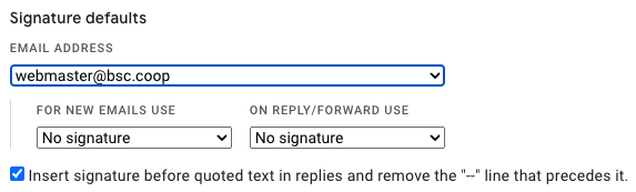 Signature defaults section